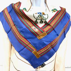 Paris Longchamp ,100% Silk satin scarf  26"x26" white blue red gold logo (3)